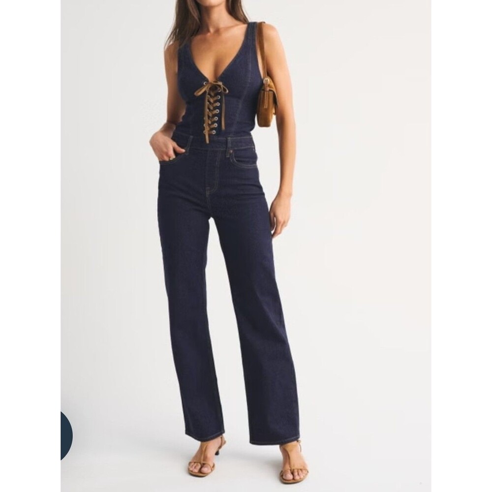 Abercrombie & Fitch Lace Up Denim Jumpsuit Wide Leg Dark Wash XLT